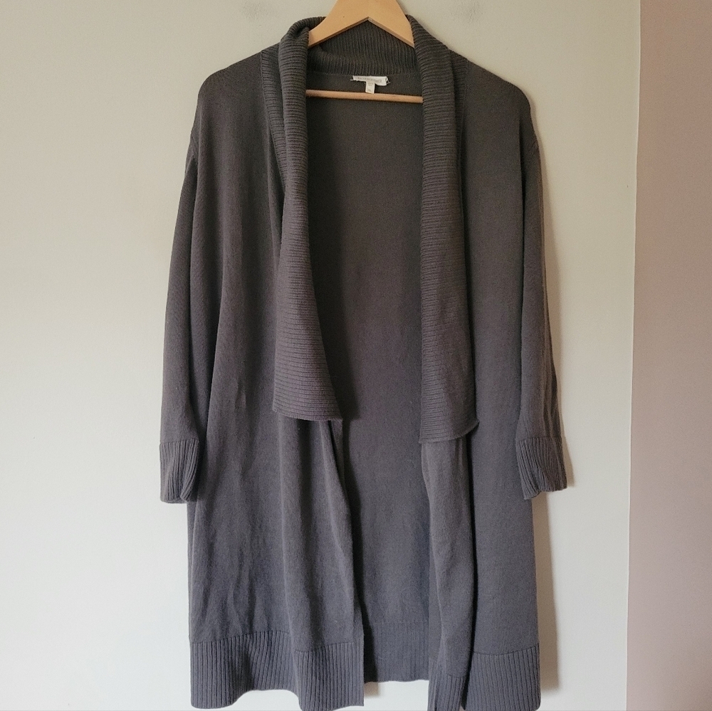 Eileen Fisher Women's Open Front Peruvian Cotton Knit Long Cardigan Grey XL